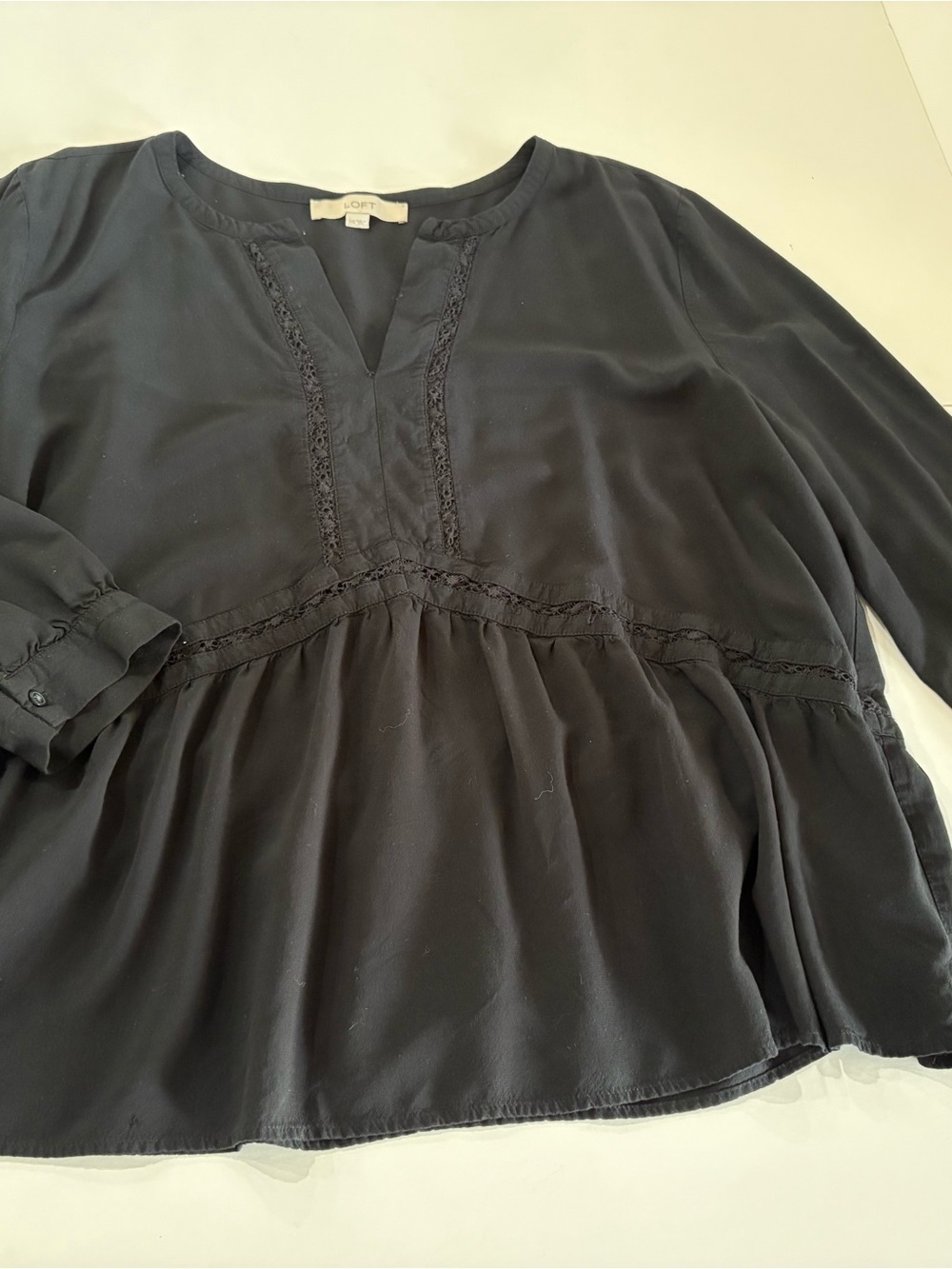 LOFT Black Peasant Blouse with Lace Trim size XXL